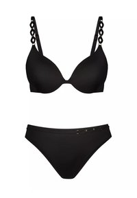 Czarny zestaw bikini z formowanym stanikiem ozdobnym paskiem i dopasowanym wysokim dołem z złotymi akcentami. Gładka faktura materiału.
