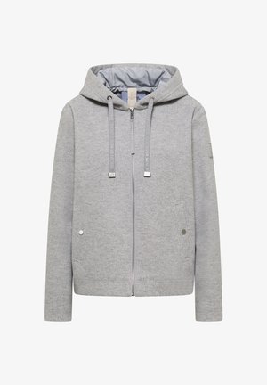 Sweat à capuche gris clair zippé avec cordon de serrage, deux poches latérales à boutons-pression et texture de tissu doux.