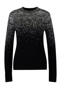 Schwarzer, langärmeliger Strickpullover mit weiß gesprenkeltem Muster, das oben konzentriert ist und nach unten hin verblasst, mit gerippten Bündchen und Saum, Rundhalsausschnitt.