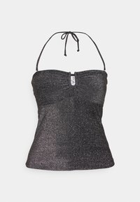 Czarny brokatowy top na ramiączkach z gromadzeniem w okolicy biustu i małym otworem w centrum przodu.