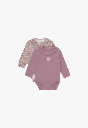 Zestaw dwóch bodziaków dla niemowląt; jeden w jednolitym kolorze mauve z falbanką przy kołnierzu i haftem kwiatowym, a drugi w jasny kwiatowy wzór z długimi rękawami.