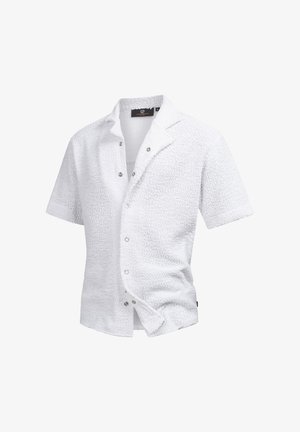 White short-sleeve shirt in textured fabric, featuring a notched collar and snap-button closure. Includes subtle detailing along the seams.