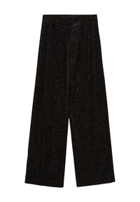 Pantaloni culotte neri in velluto con superficie texturizzata e accenti metallici. Presentano una vita elastica per il comfort e un design a gamba larga.