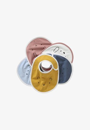 Fünf bunte Baby-Lätzchen mit einfachen Tiergesichtern in Gelb, Blau, Pink, Weiß und Dunkelblau, fächerförmig auf weißem Hintergrund angeordnet.