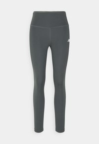 Leggings a vita alta, aderenti, in tessuto grigio scuro con una texture liscia. Presentano un logo discreto e cuciture piatte.
