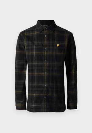 Black long-sleeve button-up shirt with yellow and gray plaid pattern, collar, and small yellow embroidered bird logo on chest.