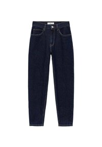 Jean en denim bleu foncé à coupe droite avec bouton à l'avant, fermeture éclair et design à cinq poches.