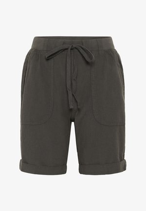 Dunkelgraue Shorts aus leichtem Stoff, mit einem elastischen Bund und Kordelzug, zwei vorderen Taschen und umgeschlagenen Säumen.