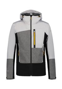 Veste softshell à capuche pour homme en blanc, gris et noir avec des accents de fermeture éclair jaunes et des poches zippées à l'avant.
