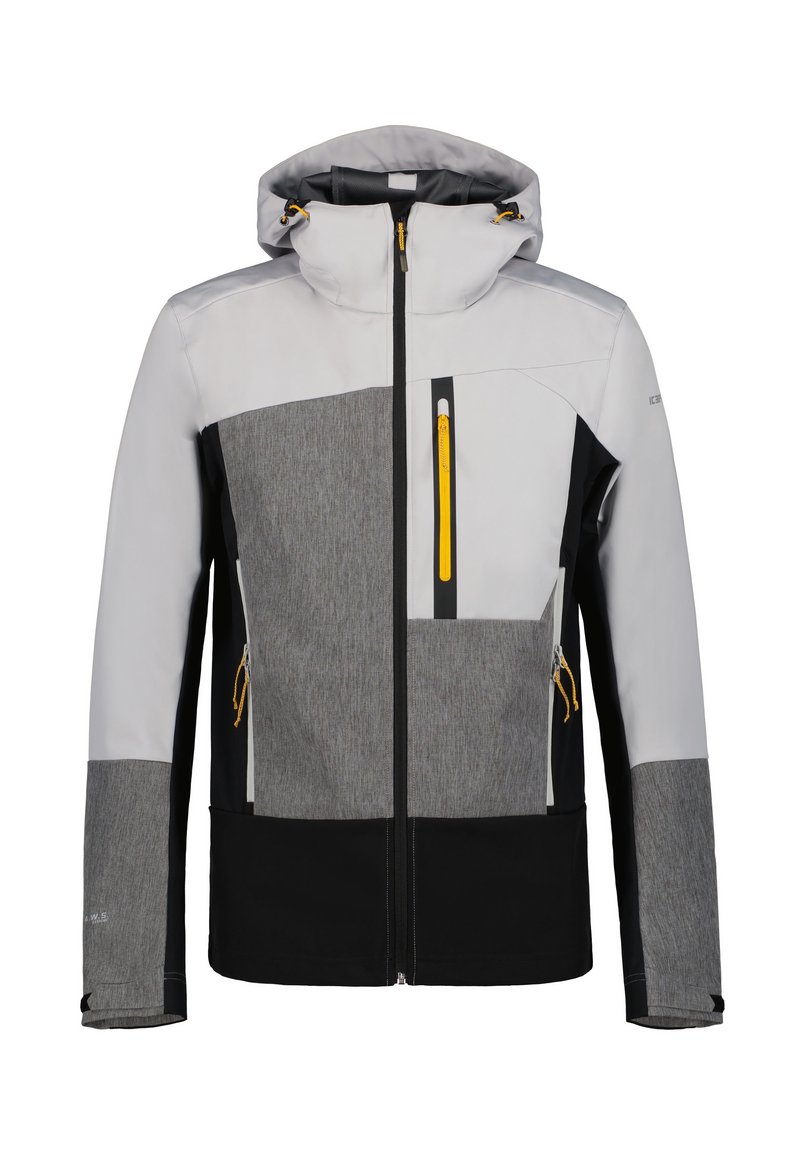 Veste softshell à capuche pour homme en blanc, gris et noir avec des accents de fermeture éclair jaunes et des poches zippées à l'avant.
