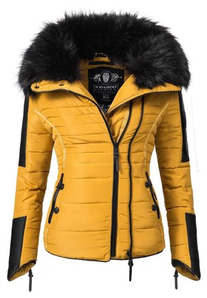 Yellow puffer jacket with a detachable black fur hood, zippered front, and ribbed black accents on sleeves; features button details and quilted texture.