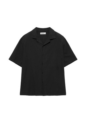 Black short-sleeve button-up shirt with a camp collar, made of lightweight fabric, displayed flat on a white background.