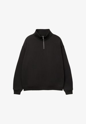 Sort pullover sweatshirt med høj krave og kvart længde lynlås. Har en løs pasform, lange ærmer samt ribbede manchetter og kant.