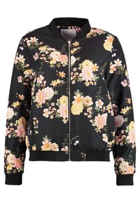 Czarna kurtka typu bomber z kwiatowym wzorem w różu i żółci, wyposażona w zamek błyskawiczny, ściągacze przy mankietach oraz stójkę. Gładka faktura materiału.