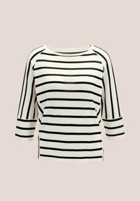Gestreepte top met driekwart mouwen, met zwarte horizontale strepen op een crèmekleurige achtergrond. Zachte stof met een relaxed fit en een ronde halslijn.