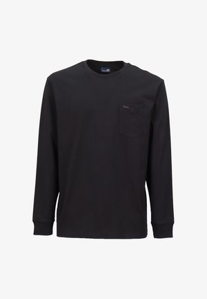 Black long-sleeve t-shirt in cotton fabric, featuring a round neckline and a chest pocket with a subtle logo detail.