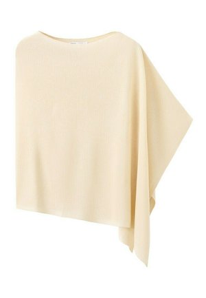 Svijetlo bež asimetrični pleteni pončo s širokim izrezom i naboranim rubom na jednoj strani.