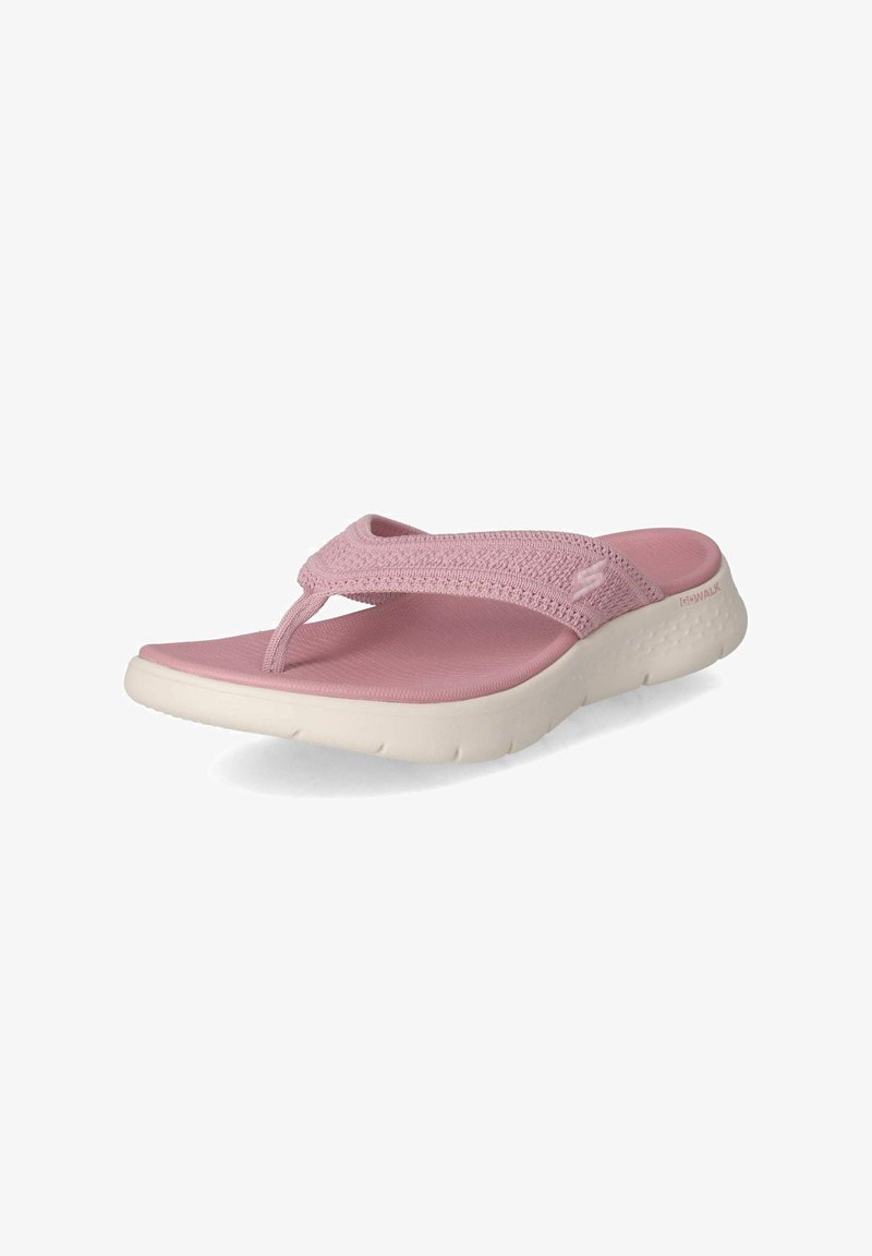 Tong sandal rose avec une bride en tissu texturé, semelle rembourrée rose et semelle en caoutchouc blanche comportant un petit logo.