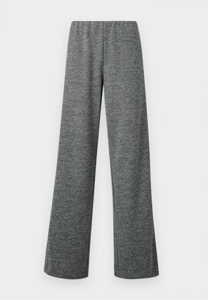 Gray textured wide-leg pants with an elastic waistband, displayed against a white background.