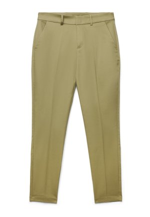 Pantaloni skinny marrone chiaro con passanti per cintura e tasche laterali, mostrati su sfondo bianco.