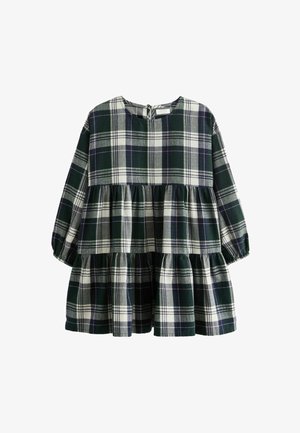 Grünes und weißes kariertes Kleid mit langen Ärmeln, runder Ausschnitt, gestuften Design und einem Knopfverschluss hinten. Aus weichem Baumwollstoff.