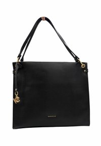 Borsa a spalla in pelle nera, forma strutturata, texture liscia, doppi manici, dettagli in metallo dorato, con decorazione del logo nella parte inferiore.