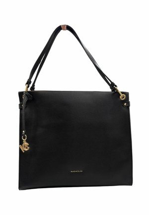 Borsa a spalla in pelle nera, forma strutturata, texture liscia, doppi manici, dettagli in metallo dorato, con decorazione del logo nella parte inferiore.