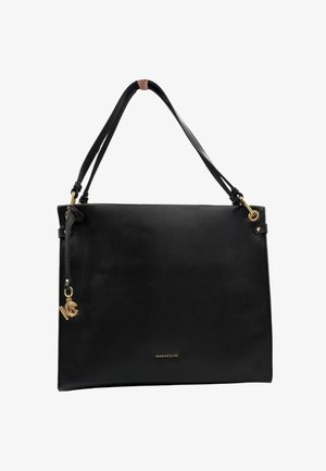 Borsa a spalla in pelle nera, forma strutturata, texture liscia, doppi manici, dettagli in metallo dorato, con decorazione del logo nella parte inferiore.