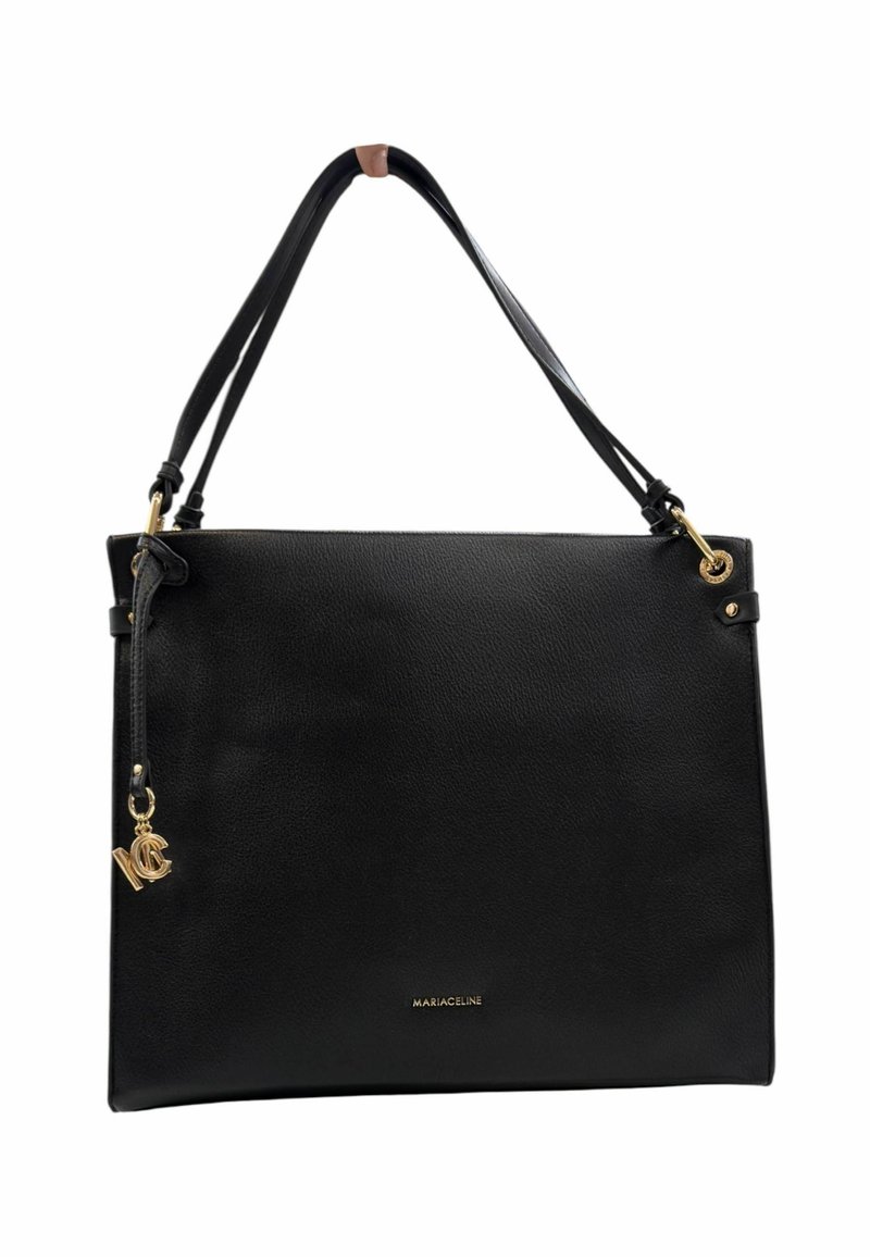 Borsa a spalla in pelle nera, forma strutturata, texture liscia, doppi manici, dettagli in metallo dorato, con decorazione del logo nella parte inferiore.