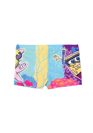 Blaue Badeshorts mit einem bunten Unterwassermotiv von SpongeBob und Patrick. Enthält Korallenmuster und lebendige Akzente.