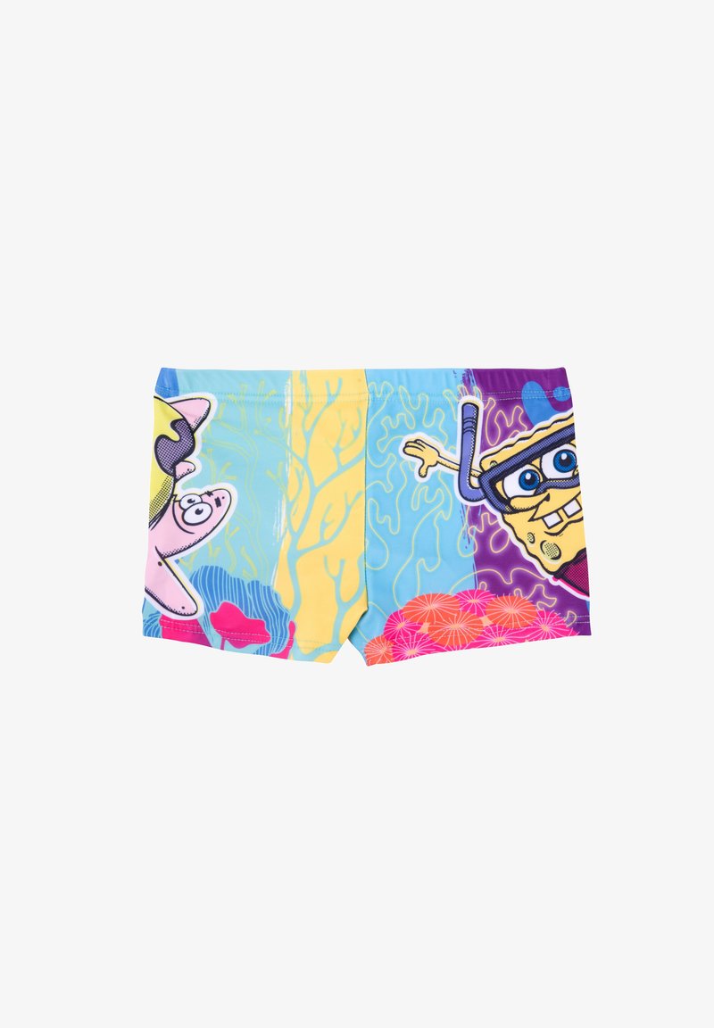 Pantaloni da bagno blu con un vivace design subacqueo featuring SpongeBob e Patrick. Include motivi di corallo e accenti vibranti.