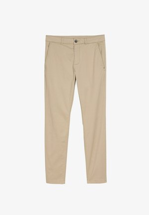 Pantalones ajustados beige con bolsillos laterales, trabillas para cinturón y cierre de botón en la cintura, mostrados sobre un fondo blanco.