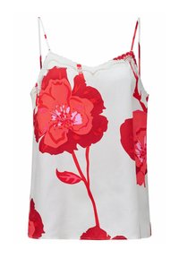 Camiseta sin mangas blanca con grandes estampados florales en rojo y rosa, tirantes delgados y ribete de encaje a lo largo del escote.