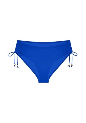 Blauer Bikini-Slip mit verstellbaren Seitenschnüren und goldenen Perlenakzenten auf weißem Hintergrund.
