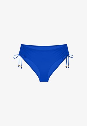 Blauer Bikini-Slip mit verstellbaren Seitenschnüren und goldenen Perlenakzenten auf weißem Hintergrund.