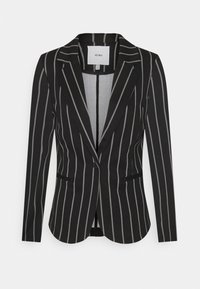 Svart kavaj med vita vertikala ränder, klassiska slag, två framfickor och en knappstängning. Slät tyg med skräddarsydd passform.