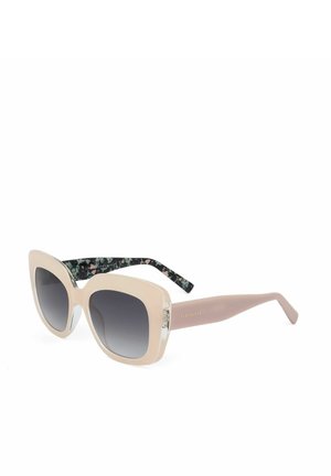 Occhiali da sole quadrati oversize beige con lenti grigie sfumate e aste interne con motivo floreale, mostrati su sfondo bianco.