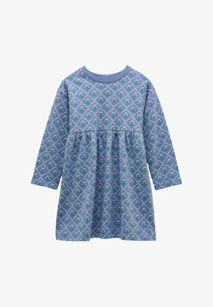 Sinine pikkade varrukatega kleit ümarate kaelustega, kokkulõigatud vöökohaga ning korduv lilleline rombimuster rohelises, valges ja roosas.