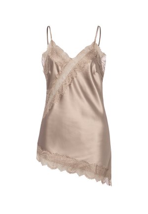 Robe nuisette en satin beige avec dentelle le long de l'encolure, de l'ourlet et sur le côté, avec bretelles spaghetti et base asymétrique.