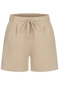 Pantaloni corti beige realizzati in tessuto morbido con vita elastica e cordino. Presentano pieghe frontali e un taglio dritto.