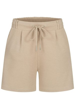 Pantaloni corti beige realizzati in tessuto morbido con vita elastica e cordino. Presentano pieghe frontali e un taglio dritto.