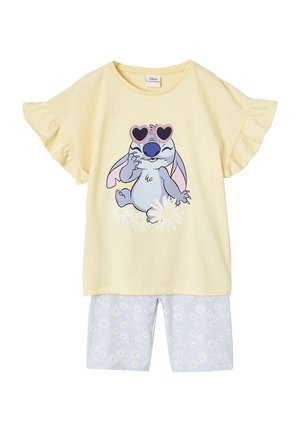 Yellow ruffled sleeve top with Stitch wearing heart-shaped sunglasses and light blue daisy-print shorts.