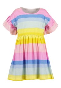 Striped dress featuring pink, blue, yellow, and white horizontal stripes. Short ruffled sleeves and gathered waist creating a flared silhouette.