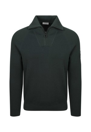 Donker groene pullover trui met een half-rits kraag, geribbelde textuur en raglanmouwen. Bevat een logo op de linkermouw.