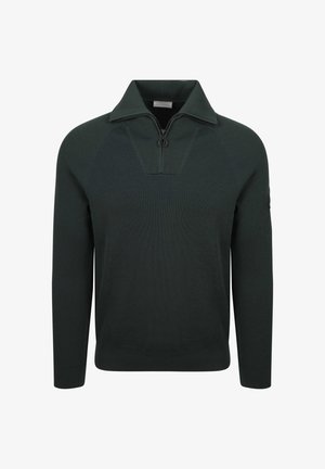 Donker groene pullover trui met een half-rits kraag, geribbelde textuur en raglanmouwen. Bevat een logo op de linkermouw.