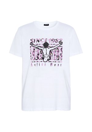 White T-shirt with a graphic of a person with outstretched arms, pink leopard print background, and text "Since 1982 Active Wear."
