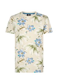Kortærmet, beige bomulds t-shirt med blåt og grønt blomstermønster, der har hibiscusblomster og palmeblade, rund halsudskæring, almindelig pasform.