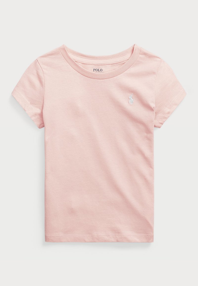 Růžové tričko s krátkým rukávem vyrobené z měkké bavlny, s kulatým výstřihem a malým vyšitým logem na levé hrudi.