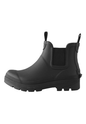 Schwarzer Gummistiefel in Knöchelhöhe mit elastischen Seitenteilen, Zuglaschen vorne und hinten sowie profilierter Sohle für besseren Halt.