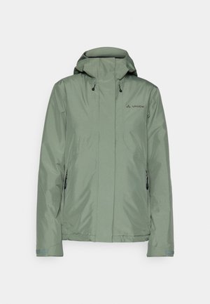 Giacca impermeabile verde chiaro con cappuccio, tasche con cerniera e cordini regolabili; realizzata in materiale sintetico liscio.